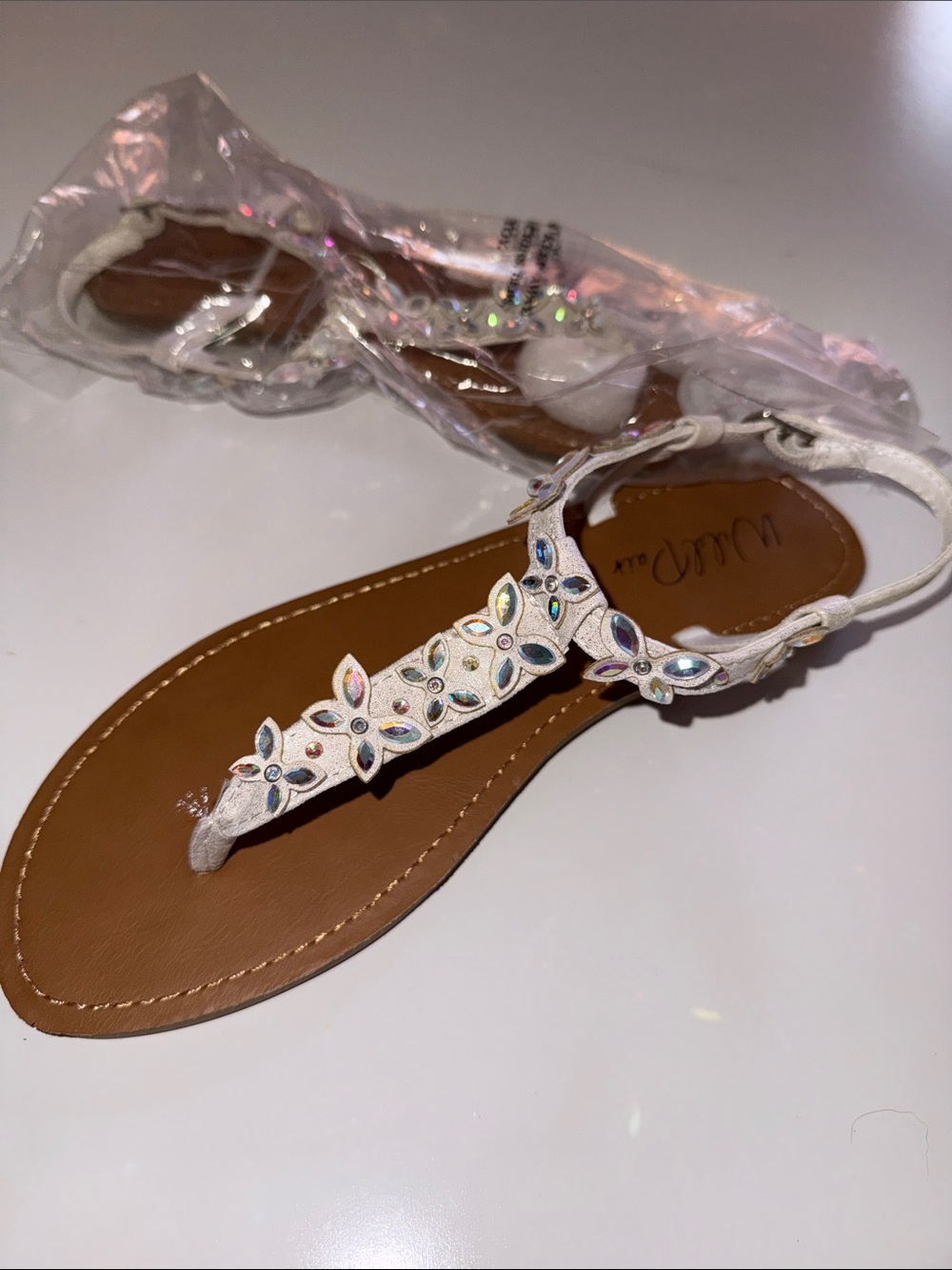 Wild Pair White Jeweled T-Strap Sandals